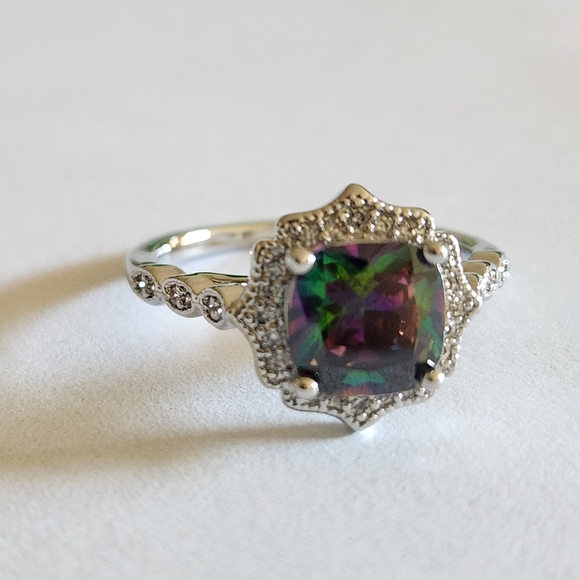 New 925 Silver Princess Cut Mystic Topaz Diamond Ring for Women - Picture 3 of 12